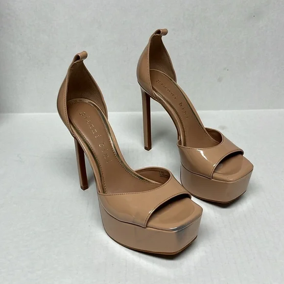 Nude patent square peep toe tall platform heels 7.5 weddingguest party glam sexy - Picture 1 of 13